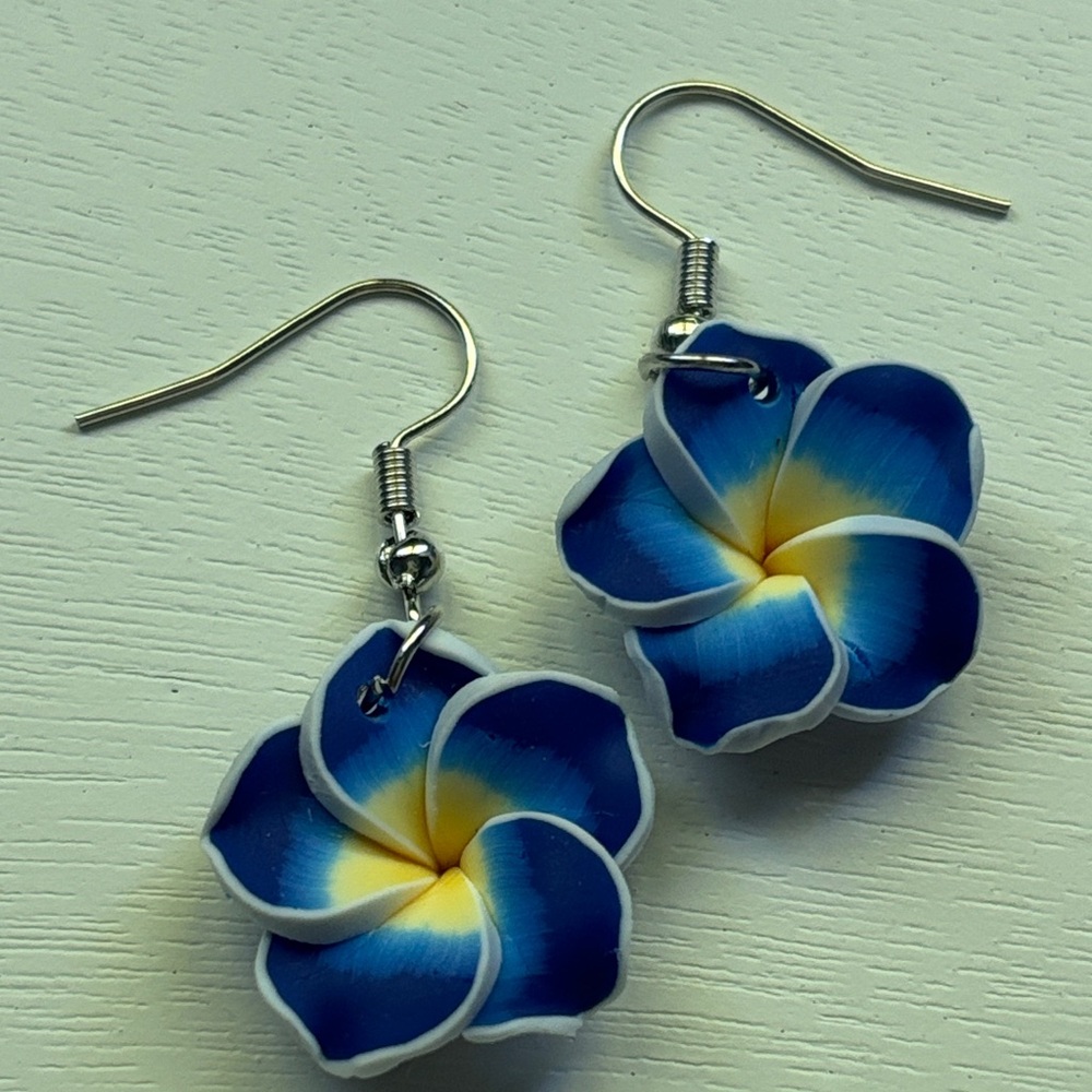 Plumeria Blue and Yellow Flower Earrings